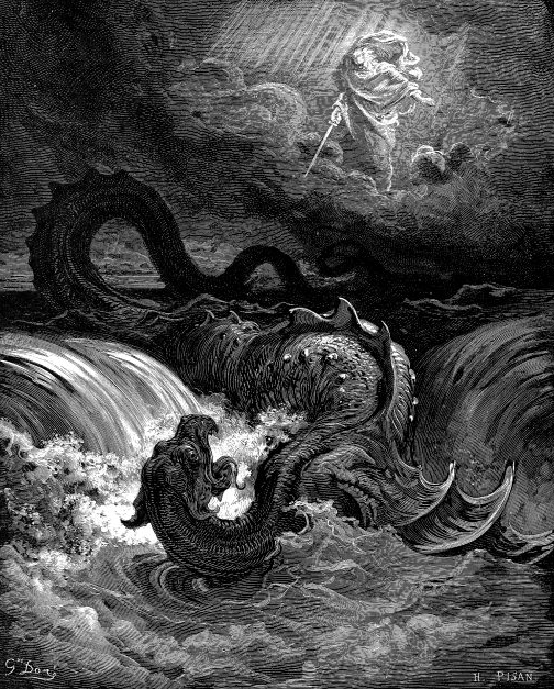 The Destruction of Leviathan by Gustave Doré (1865) is available on wikipedia, Leviathan was a dragon, a legendary sea-serpent